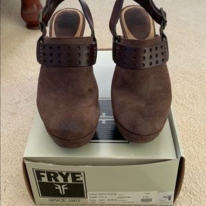 Frye wedge clog brown suede